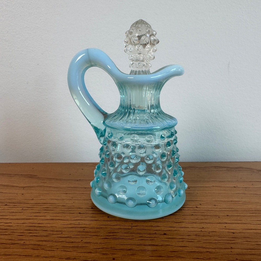 Vintage Fenton Blue Opalescent‎ Hobnail Glass Cruet with Stopper 5 Inch
